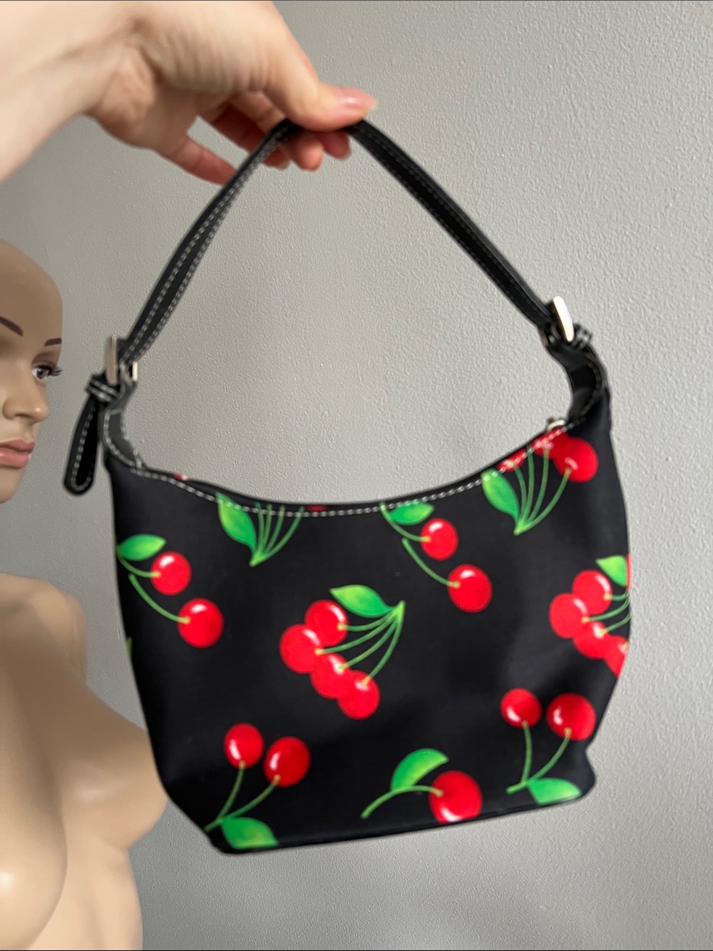 Vintage Kate Spade Cherry Print Mini Shoulder Hand Bag Black Red - Picture 3 of 15